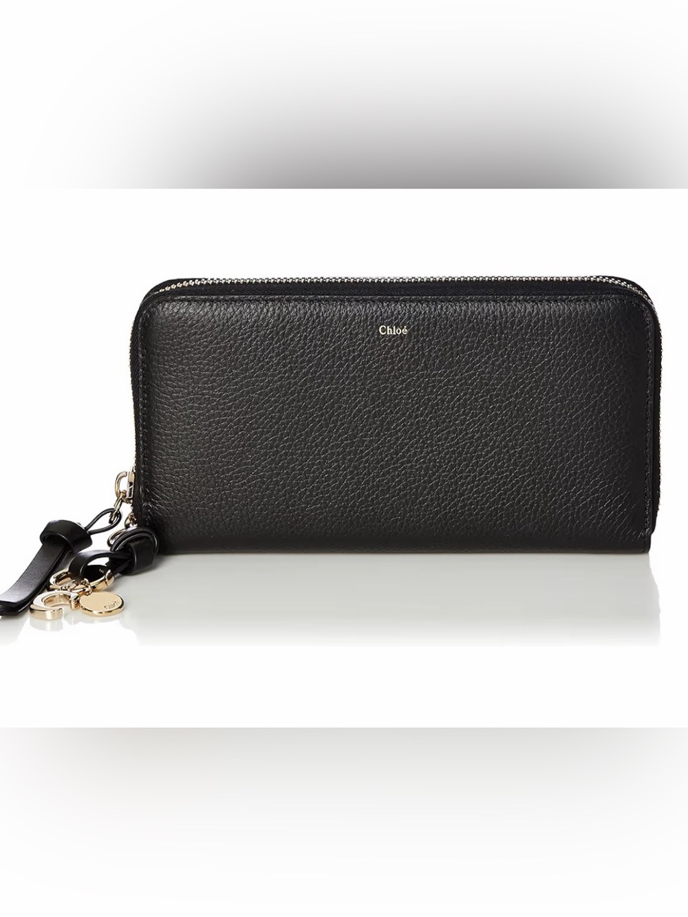 Chloé Black Leather Zip-Around Wallet with Gold Charm